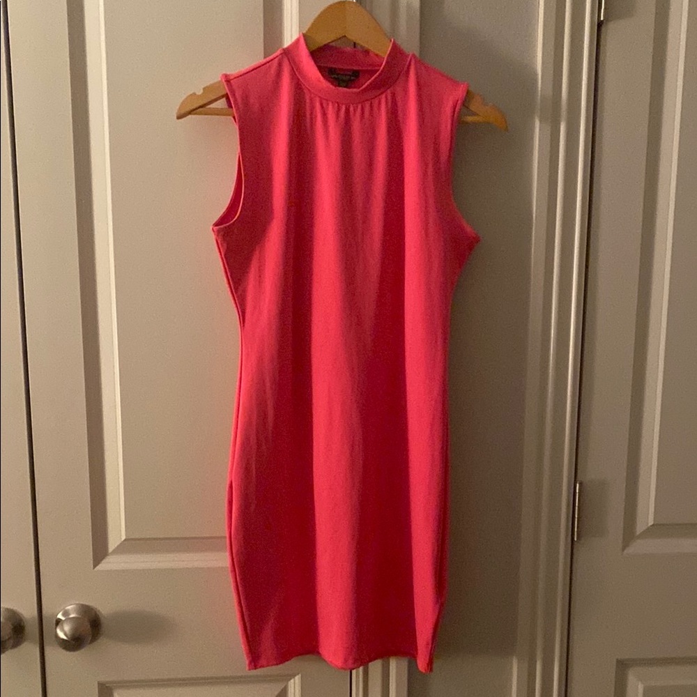 GUESS Pink Ribbed Mock Neck Sheath Mini Dress